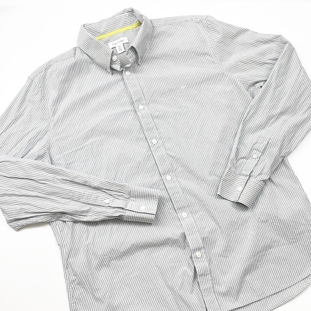 Calvin Klein gray/white striped long sleeve button down shirt